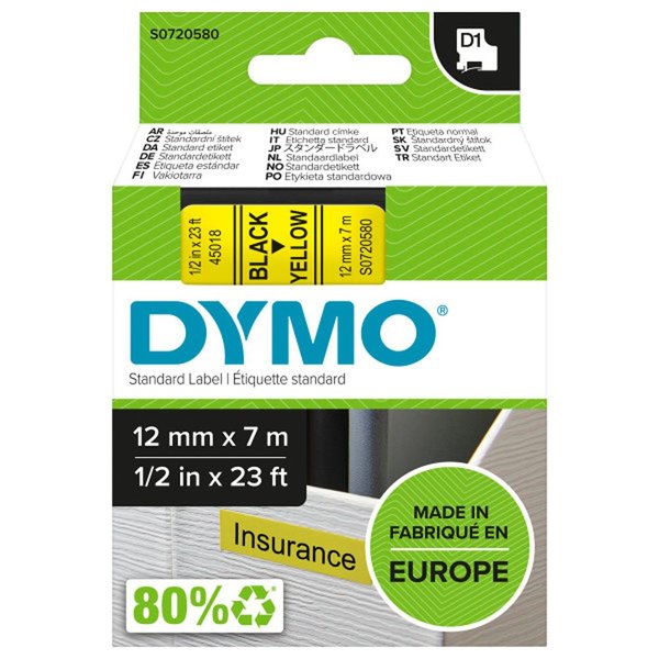 DYMO D1 Yedek Şerit 12 mm x 7 mt Sarı / Siyah (45018) S0720580