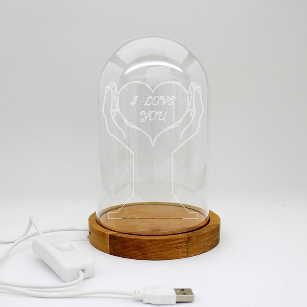 Kare Dekor Avuç İçi Kalp 3D Işıklı Fanus