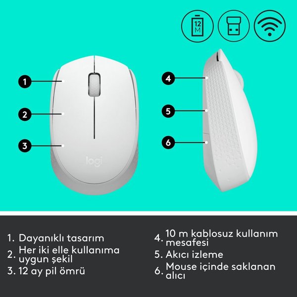 Logitech M171 USB Alıcılı Kablosuz Kompakt Mouse – Beyaz