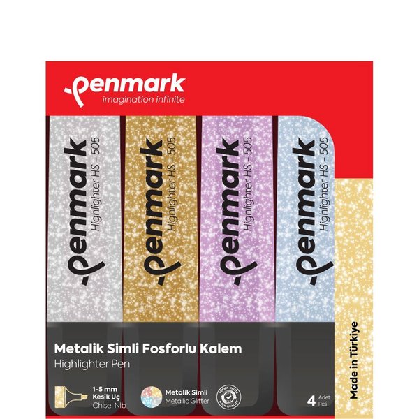 Penmark Fosforlu Kalem 4 lü Asetat Karışık Renk Simli Blisterli Set