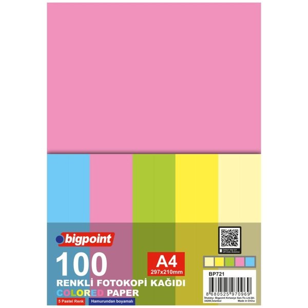 Bigpoint 721 A4 Renkli Fotokopi Kağıdı 5 Pastel Renk 100'lü Paket
