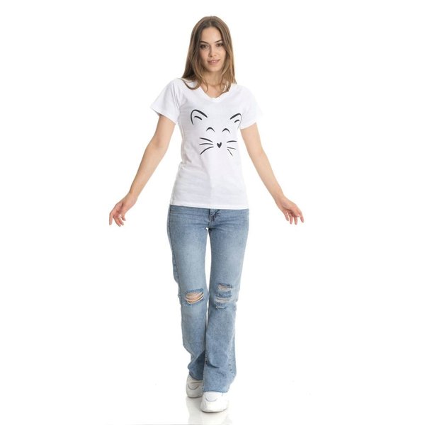 Zümrüt Şaziye Kadın V Yaka Kedi Figürlü Beyaz XXL Beden Tişört