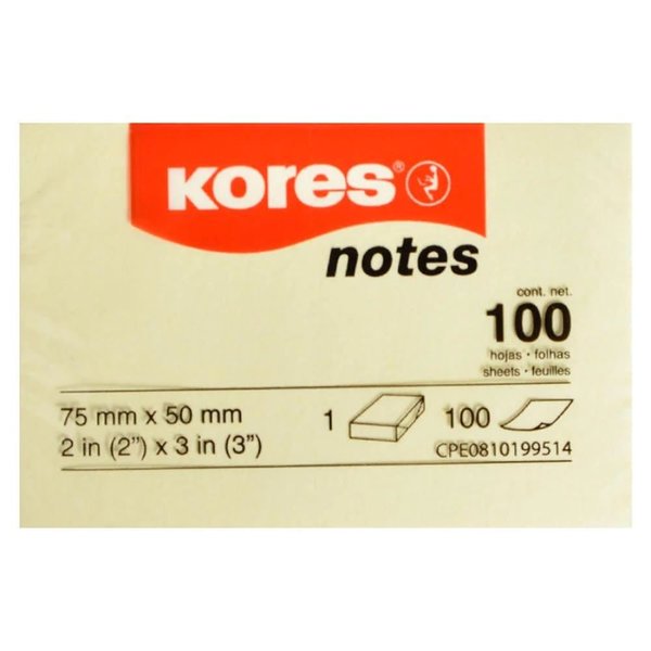 Kores Yapışkanlı Sarı Not Kağıtları 75x50mm, 100 sayfalık blok 46057