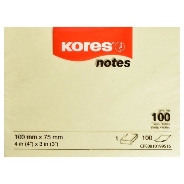 Kores Yapışkanlı Sarı Not Kağıtları 100x75mm, 100 sayfalık blok 46100