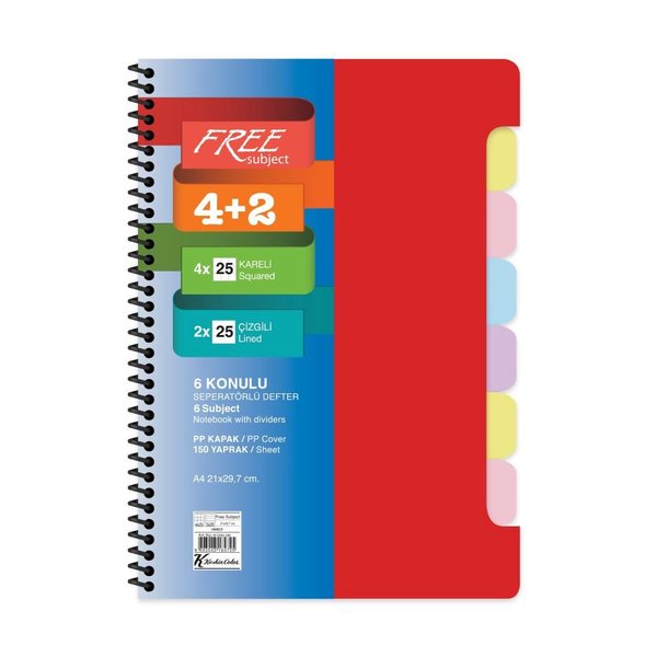 Keskin A4 4+2x25=150Yp. Ayraçlı Free Subject Defter Kırmızı