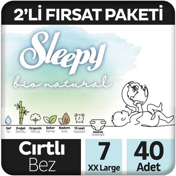 Sleepy Bio Natural 2'li Fırsat Paketi Bebek Bezi 7 Numara XXL 40 Adet