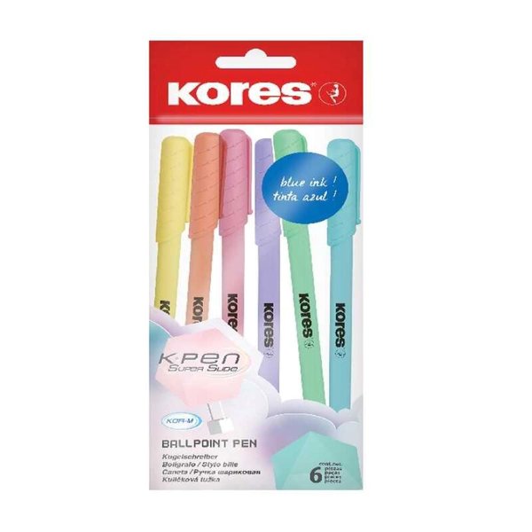 Kores Pastel Jel Tükenmez Kalem Mavi Renk 6'lı Blister -37066