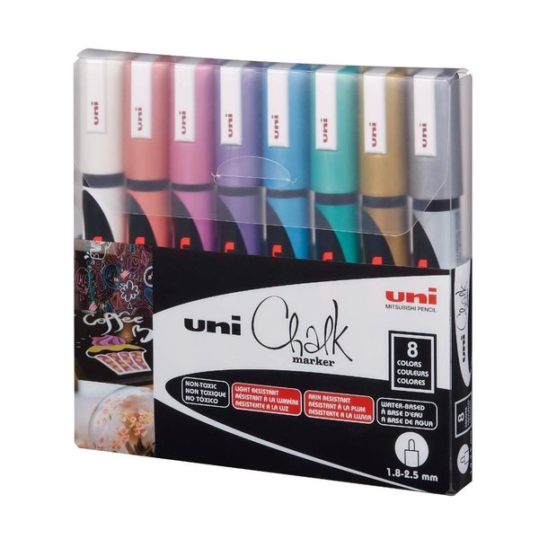 Uni CHALK 1.8-2.5 SuBazlıSTahtaMarkörüMetalik 8li  -PWE-5M/8C MC Set