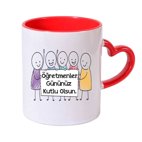 Öğretmene Hediyelik Kırmızı Kalpli Kulp Kupa-T05