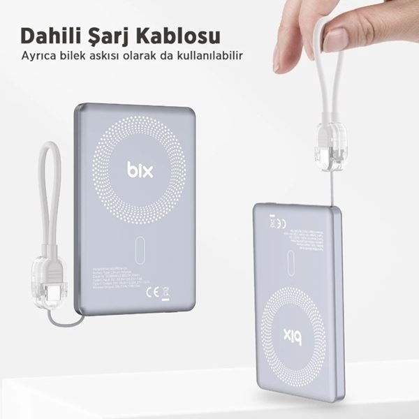 Bix PB114 5000mAh 20W Dahili Type-C Kablolu 15W Manyetik Kablosuz Şarj Özellikli Portatif Powerbank Taşınabilir Hızlı Şarj Cihazı