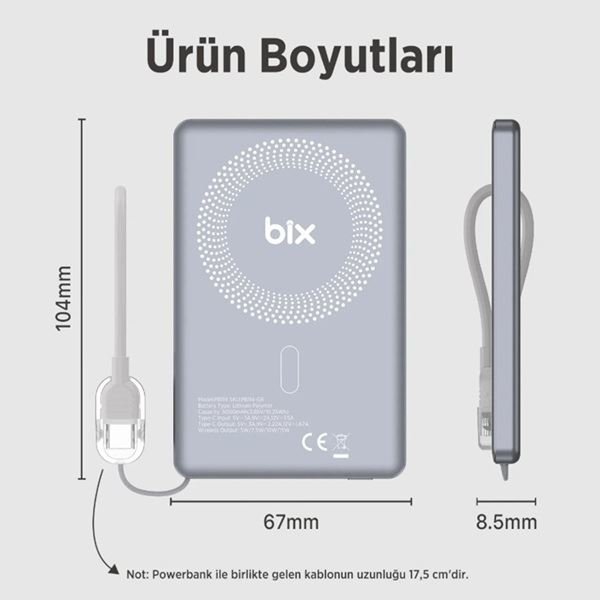 Bix PB114 5000mAh 20W Dahili Type-C Kablolu 15W Manyetik Kablosuz Şarj Özellikli Portatif Powerbank Taşınabilir Hızlı Şarj Cihazı