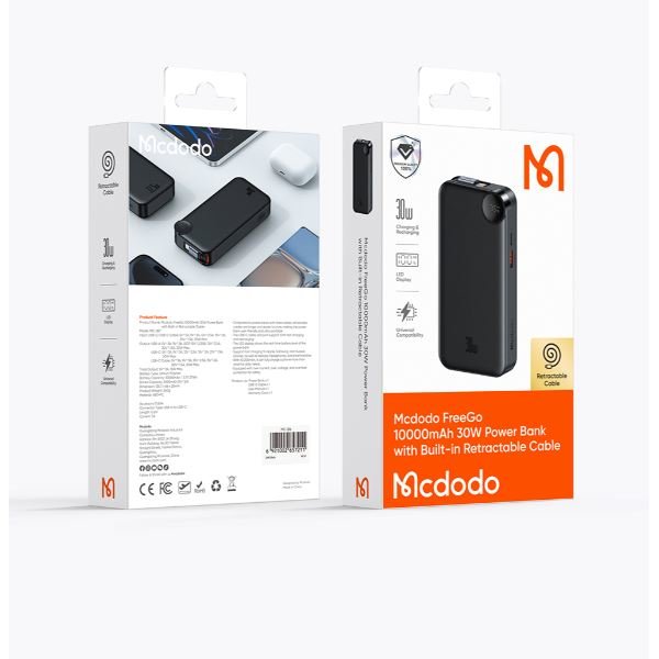 Mcdodo MC-3870 10000mAh 30W A+C Dijital Göstergeli Dahili USB-C Geri Çekilebilir Kablolu Powerbank