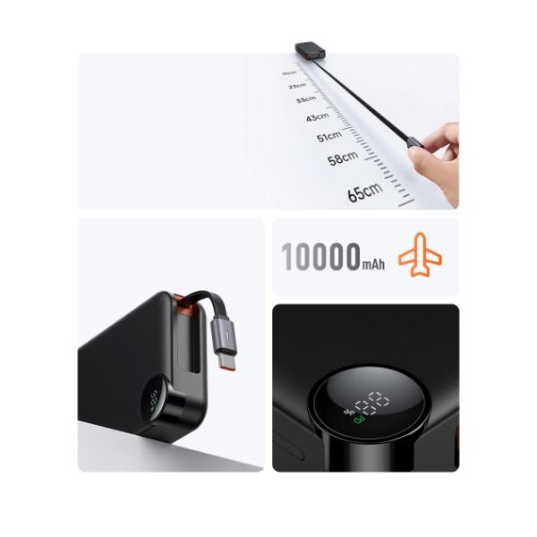 Mcdodo MC-3870 10000mAh 30W A+C Dijital Göstergeli Dahili USB-C Geri Çekilebilir Kablolu Powerbank