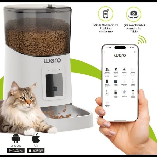 Wero Akıllı Kedi Köpek Mama Kabı Pro 1080p Ayarlanabilir Kamera Wifi Kontrol Pet Feeder Metal Kase Beyaz 6 Lt