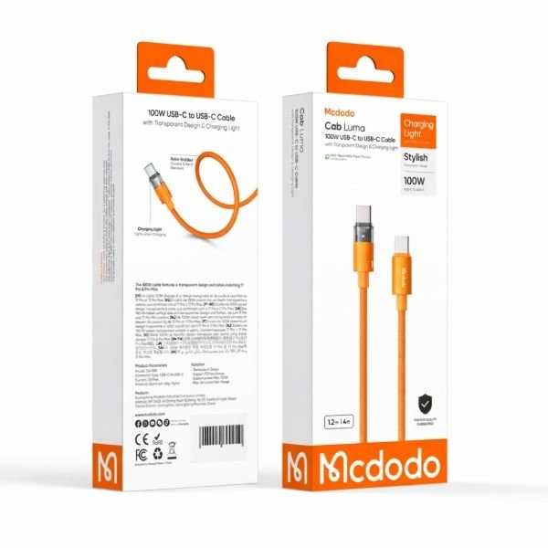 Mcdodo CA-5585 100W Type-C to Type-C Şeffaf LED Işıklı Şarj Kablosu 1.5M Turuncu