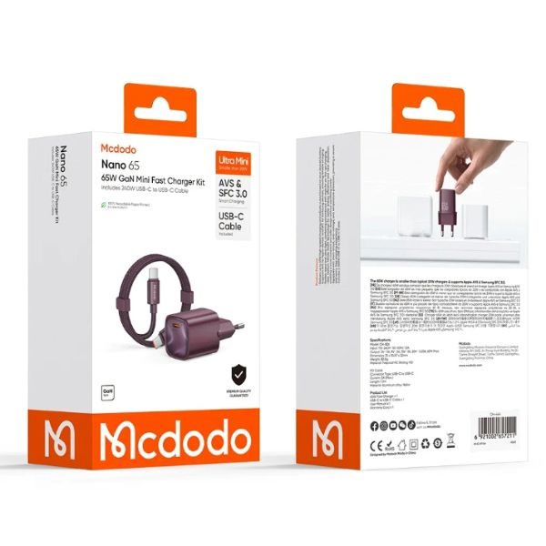 Mcdodo CH-8264 65W Tek Type-C Port Hızlı Şarj Adaptörü + Type-C to Type-C Kablo Mor
