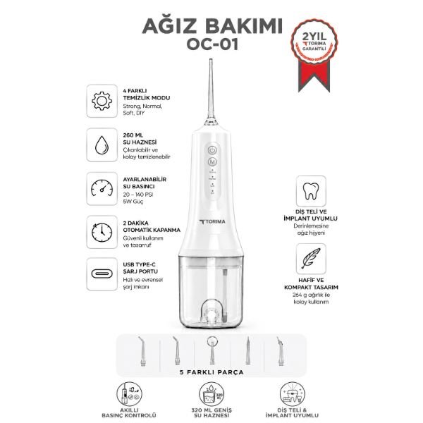 Torima OC01 Dijital Ekranlı Şarjlı Ağız Duşu 4 Modlu Taşınabilir Ağız Bakım Cihazı