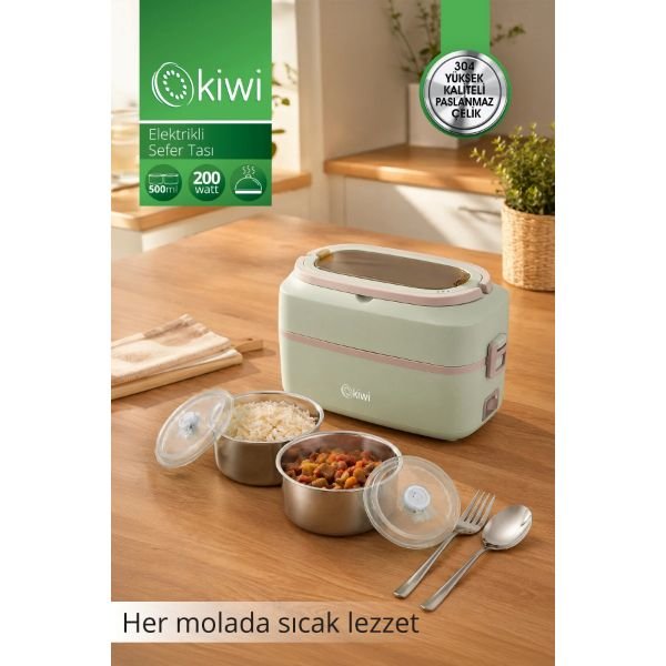 Kiwi Elektrikli Sefer Tası | 2 × 500 ml Çelik Kap | Sıcak Tutma | Susuz Çalışma Koruması