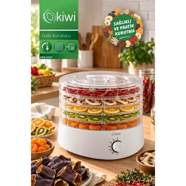 Kiwi KFD-5151 Gıda Kurutucu | 5 Tepsili | 40–70 °C Ayarlı | Meyve ve Sebze Kurutma